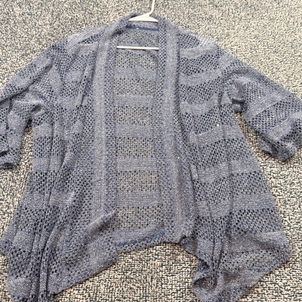 Blue Marled Open Knit Crochet Cardigan Asymmetrical Draped Wrap Sweater